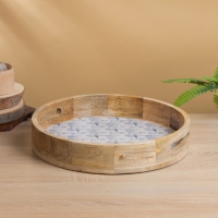 Поднос круглый с бортиками "Синие птицы" дерево манго 35х35х6,5 см