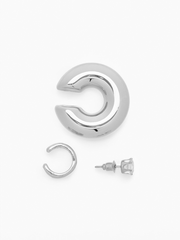 Набор серьги и каффы 3 шт., бублик и стразик, цвет серебро