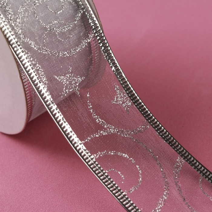 Новый год! Лента капроновая с металлической нитью &laquo;Вензеля&raquo;, 38 мм &times; 2,7 &plusmn; 0,5 м, цвет серебряный