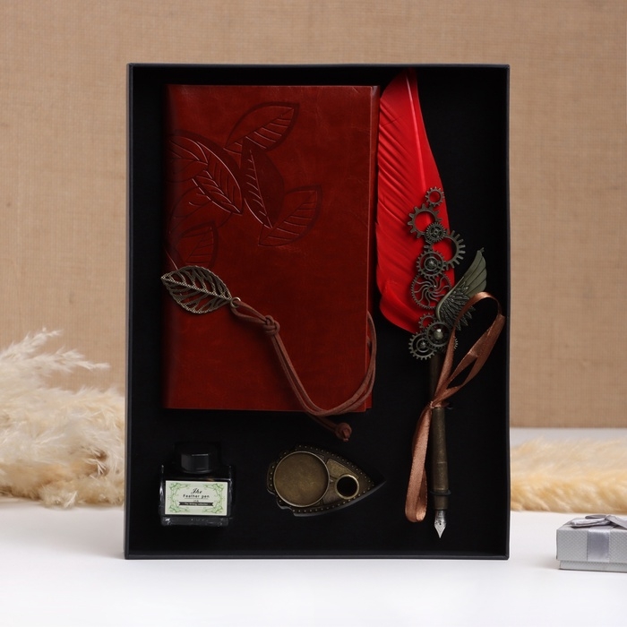 Набор подарочный 4в1 "Стимпанк": блокнот, перьевая ручка красная, чернила, наконечники