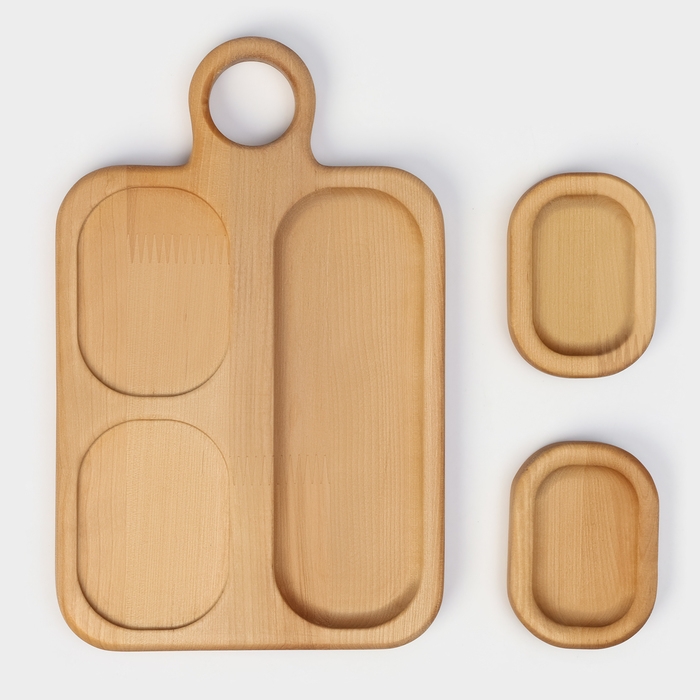 Подарочный набор деревянной посуды Adelica, доска сервировочная 3 секции, 2 менажницы съёмные, масло в подарок 100 мл, берёза Подарочный набор деревянной посуды Adelica, доска сервировочная 3 секции, 2 менажницы съёмные, масло в подарок 100 мл, берёза