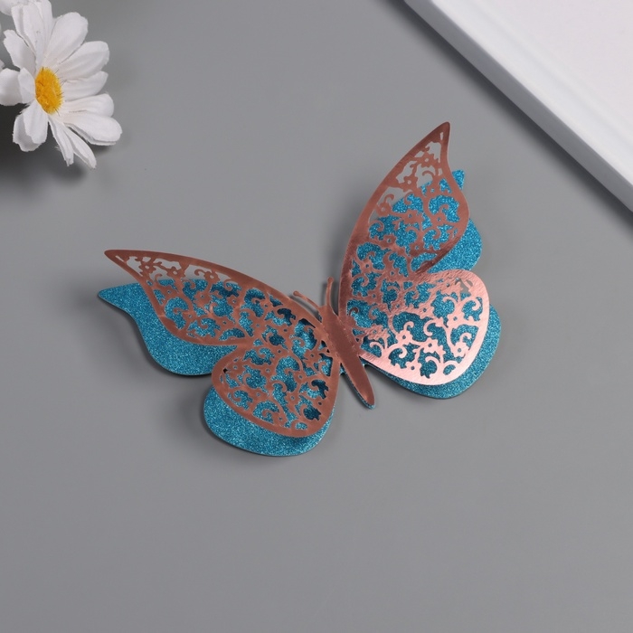 Наклейка бумага, пластик "Цветочные голубые бабочки" блёстки набор 12 шт 12 см, 10 см 8 см   1052426