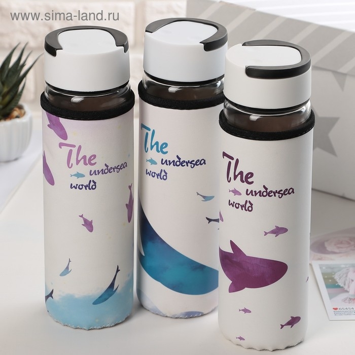 Бутылка для воды стеклянная с ручкой в чехле «Кит», 500 мл, h=23,5 см, рисунок МИКС Бутылка для воды стеклянная с ручкой в чехле «Кит», 500 мл, h=23,5 см, рисунок МИКС