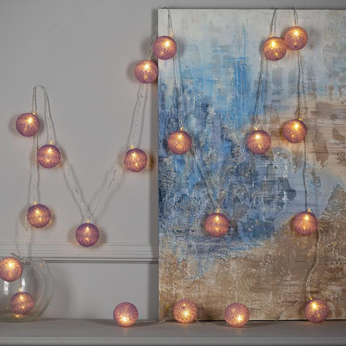 Гирлянда &laquo;Нить&raquo; 5 м с насадками &laquo;Клубки фиолетовые&raquo;, IP20, прозрачная нить, 20 LED, свечение тёплое белое, 220 В