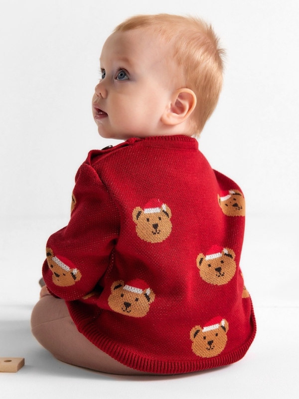 Джемпер вязаный новогодний Крошка Я "Новогодние медвежата" рост 80-86 см, цвет красный