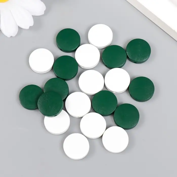 Бусины для творчества дерево "Плоский круг" набор 20 шт белый, зелёный 0,4х1,5х1,5 см
