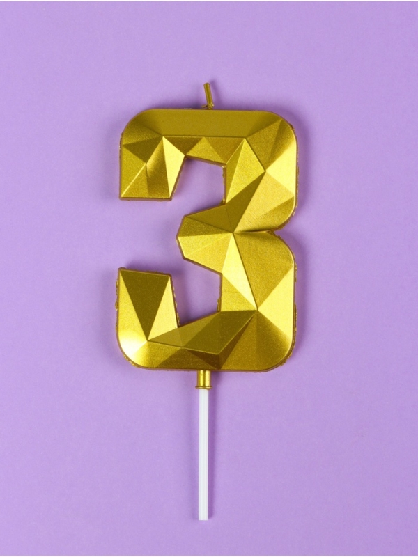 Свеча ГИГАНТ в торт на шпажке &laquo;Грань&raquo;, цифра "3", золотая, 9 см