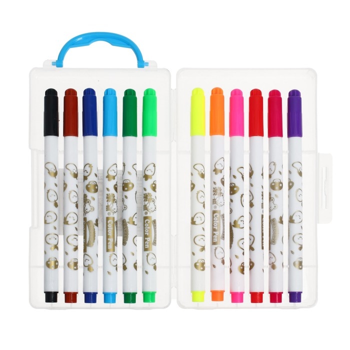 Фломастеры 12 цветов Фломастеры 12 цветов "Мышка", в пластиковом пенале с ручкой, вентрилируемый колпачок, МИКС