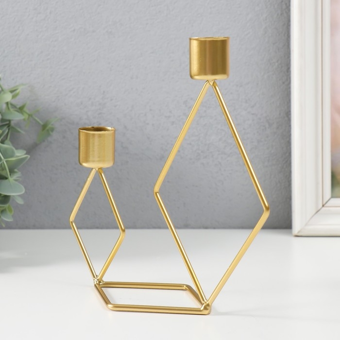 Подсвечник металл на 2 свечи "Геометрия. Ромбы" золото d=2,3 см 7,8х18х19 см