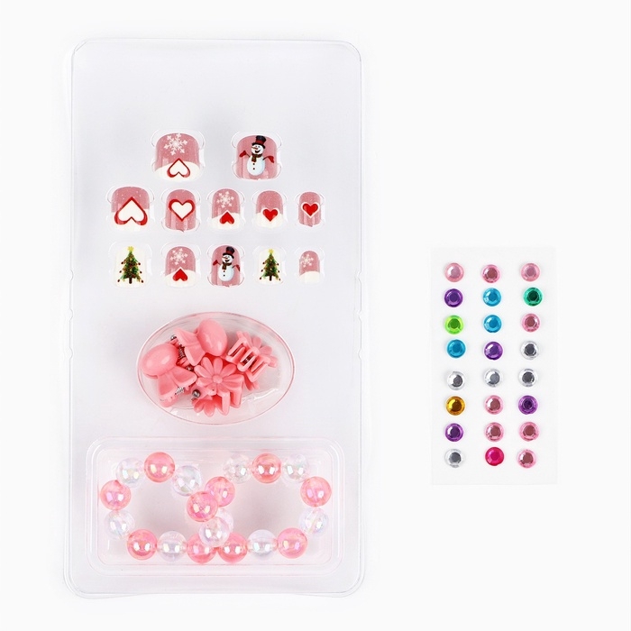 Детские накладные ногти на новый год &laquo;Новогоднее настроение&raquo;, 12 шт, подарочный набор с браслетом и заколками