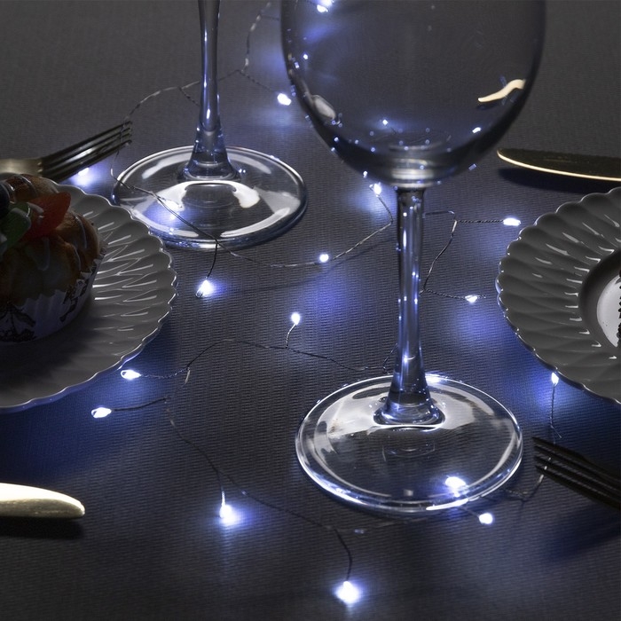 Гирлянда &laquo;Мишура&raquo; 1 м роса, IP20, серебристая нить, 20 LED, батарейки CR2032х2 (в комплекте), свечение белое