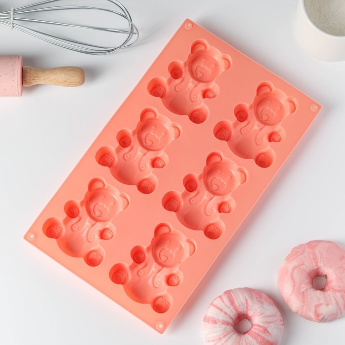 Форма для выпечки Доляна &laquo;Животные. Мишка&raquo;, силикон, 28,5&times;17 см, 6 ячеек (8,5&times;7 см), цвет оранжевый