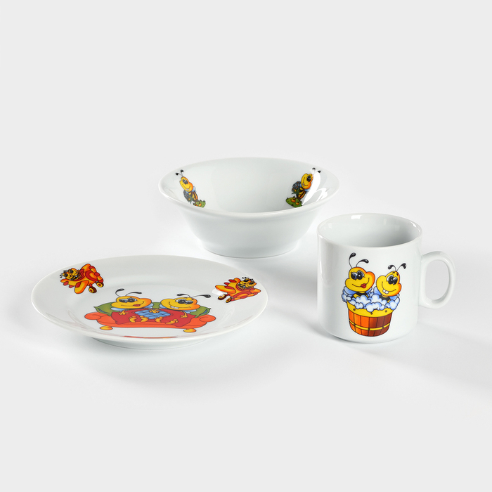 Набор фарфоровой посуды &laquo;Пчёлы&raquo;, 3 предмета: кружка 200 мл, салатник 350 мл, тарелка мелкая d=16,5 см, рисунок МИКС