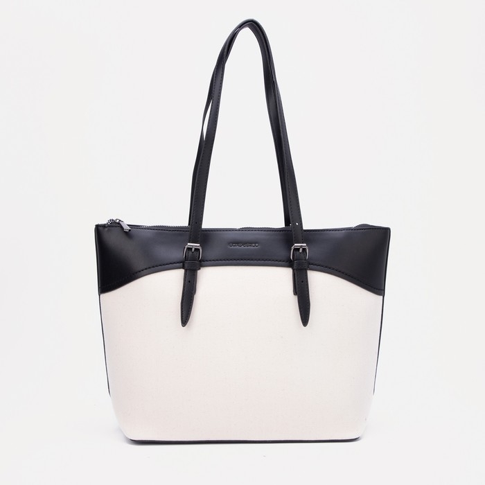 Сумка-шопер женская на молнии, David Jones, наружный карман, бежевый/чёрный