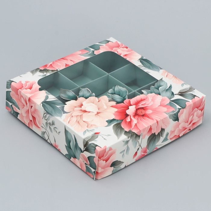 Коробка для конфет, кондитерская упаковка, 9 ячеек, &laquo;Нежность внутри&raquo;, 14.7 х 14.7 х 3.5 см