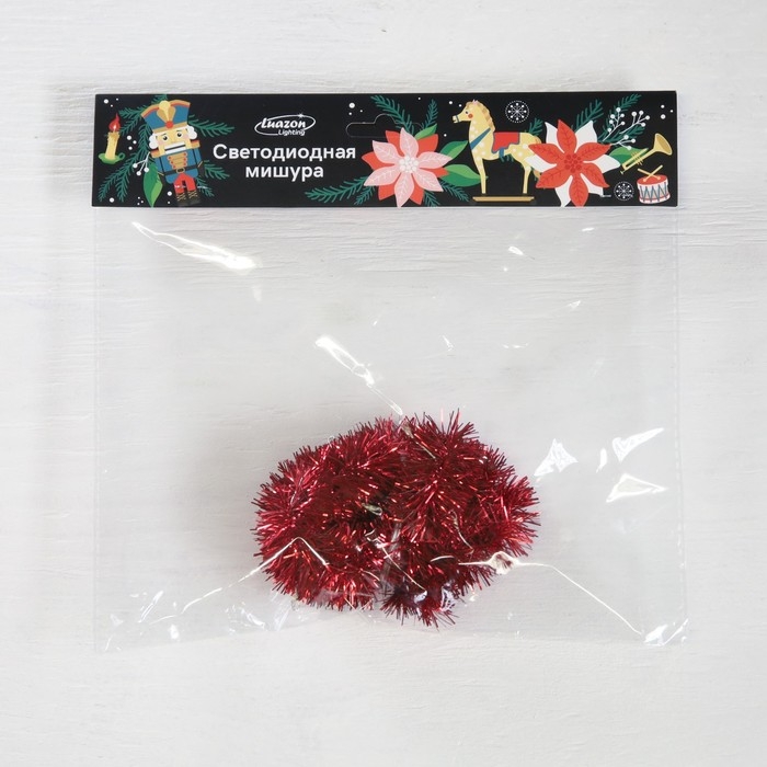 Гирлянда &laquo;Мишура&raquo; 1 м роса, IP20, красная нить, 22 LED, 8 слоёв, d=3 см,батарейки CR2032х2 (в комплекте), свечение белое