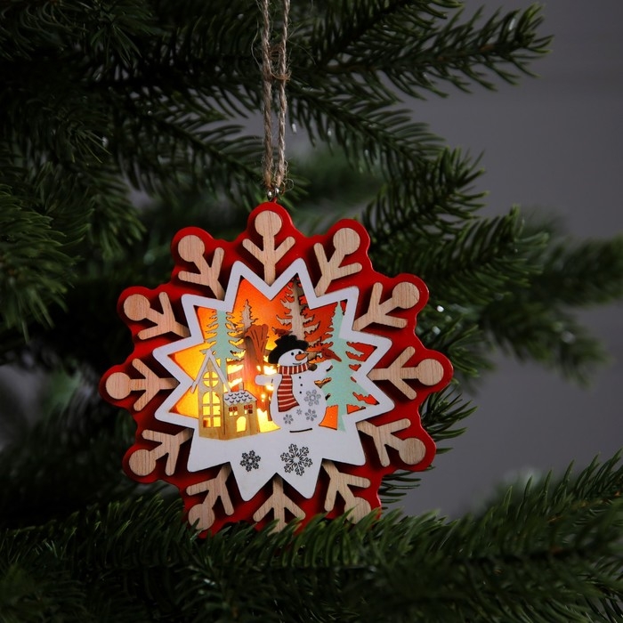 Ёлочная игрушка «Снежинка со снеговиком», от батареек, свечение тёплое белое Ёлочная игрушка «Снежинка со снеговиком», от батареек, свечение тёплое белое