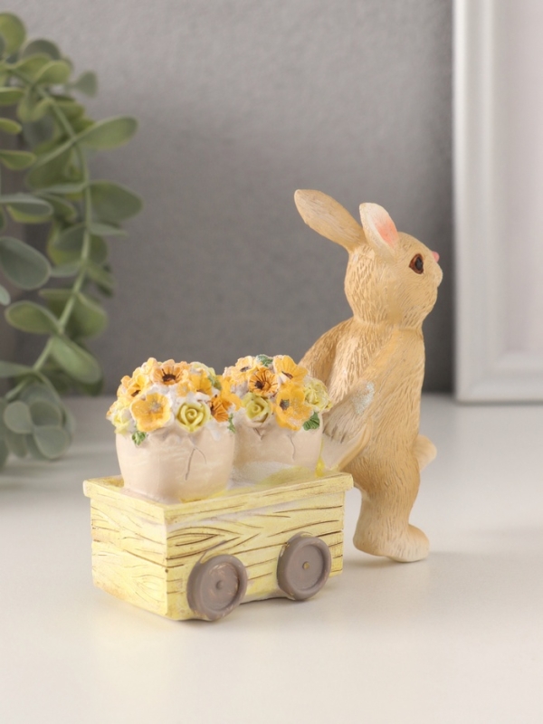 Сувенир полистоун "Зайчик везёт цветочные горшки на тележке" 11х4х10 см