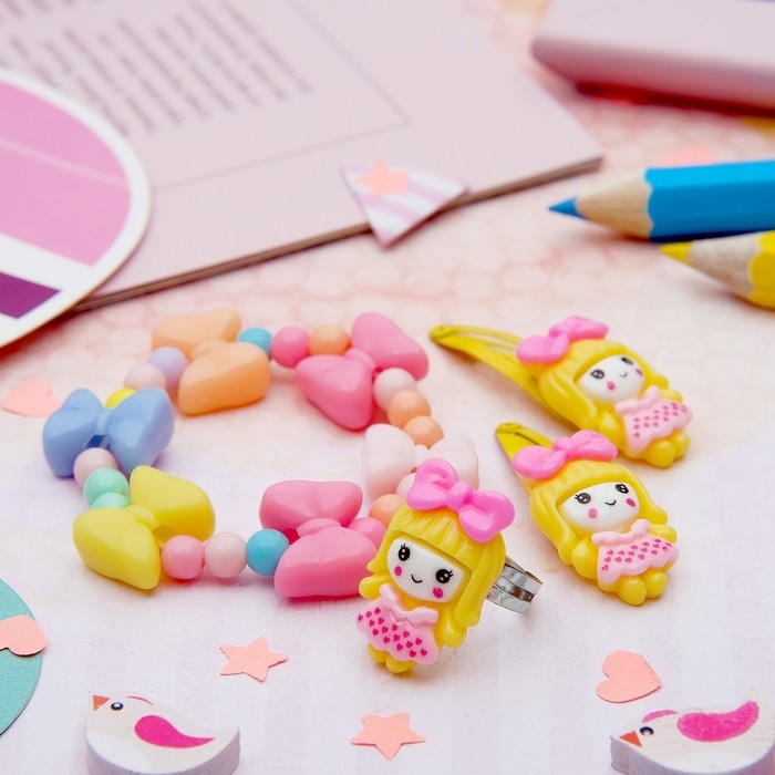 Набор детский &laquo;Выбражулька&raquo; 4 предмета: 2 заколки, браслет, кольцо &laquo;Бантики&raquo;, цвет МИКС, форма МИКС