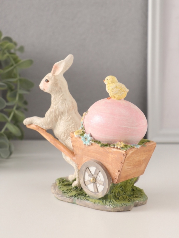 Сувенир полистоун "Кролик везёт тележку с цыплёнком и пасхальным яйцом" 13,5х6х13 см