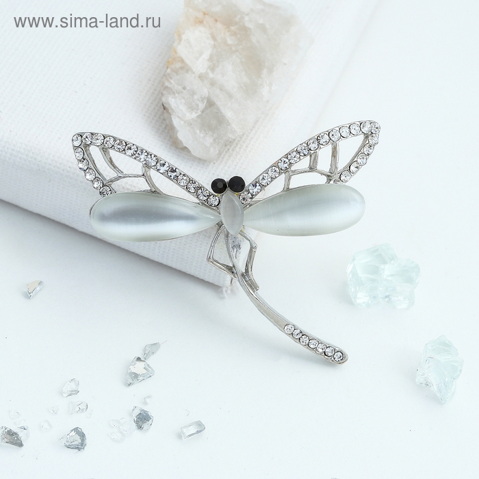 Брошь &laquo;Стрекоза&raquo; порхающая, цвет белый в серебре