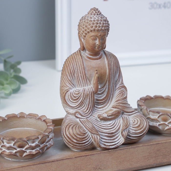 Сувенир полистоун подсвечник на 2 свечи Сувенир полистоун подсвечник на 2 свечи "Будда - медитация" под серебро 8,7х24,3х15 см