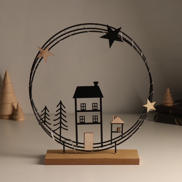 Сувенир металл, дерево свет "Домики. Ночное небо" 6х25,5х26,5 см