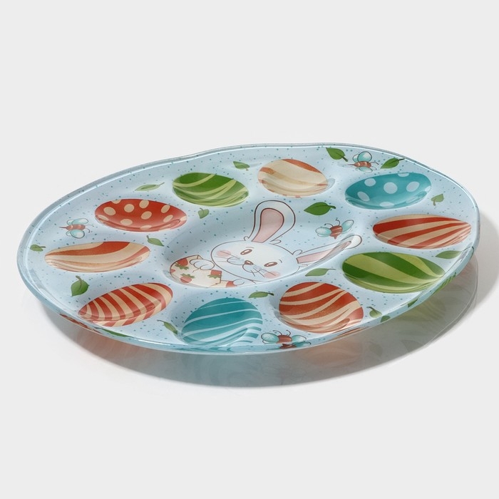 Подставка стеклянная для яиц Доляна &laquo;Зайка&raquo;, 24&times;20,6 см, 10 ячеек, цвет голубой