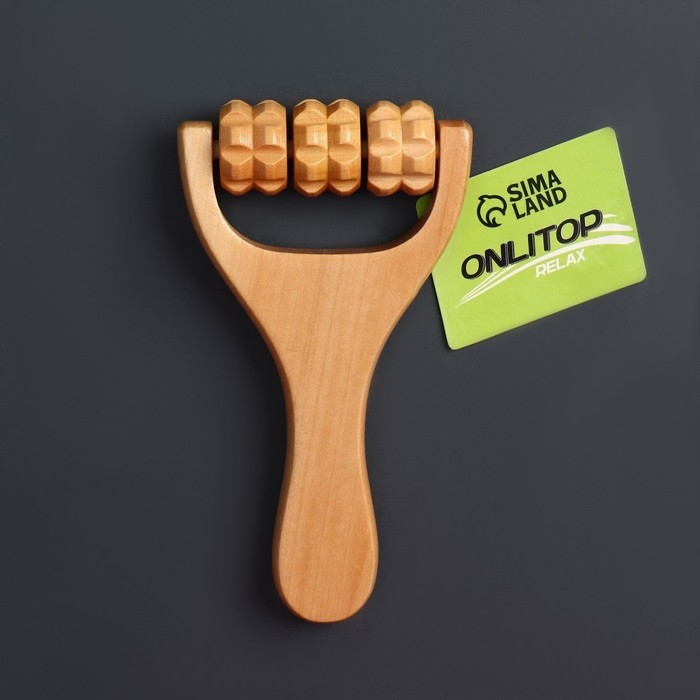 Массажёр роликовый, деревянный, с ручкой, универсальный, 14,5 &times; 8 &times; 3 см, 3 барабана