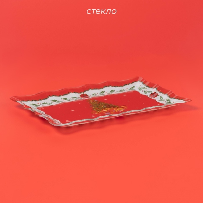 Блюдо стеклянное прямоугольное Доляна &laquo;Счастливого Нового года&raquo;, 29,5&times;19 см, цвет красный