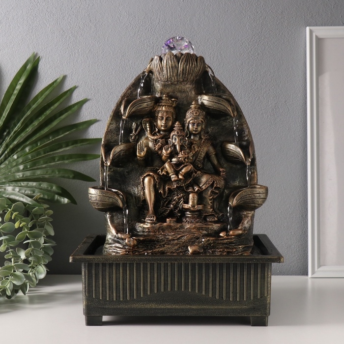 Фонтан настольный от сети, подсветка "Парвати, Шива, Ганеша у водопада" 21х28х40 см