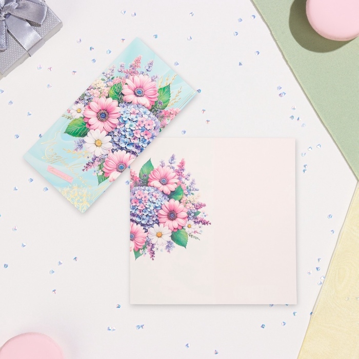 Открытка-евро "Поздравляем!" конгрев, тиснение, гортензия, 10,5 х 21,5 см