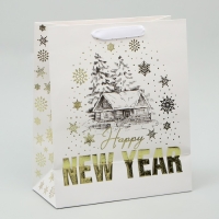 Пакет подарочный новогодний ламинированный вертикальный, конгревное тиснение &laquo;Новогодний домик&raquo;, ML 23 х 27 х 11.5 см, Новый год