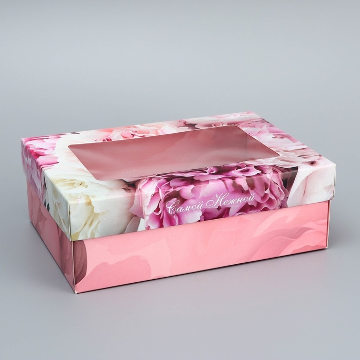 Коробка складная, крышка-дно, Коробка складная, крышка-дно, "Самой нежной", 21 х 15 х 7 см с окном