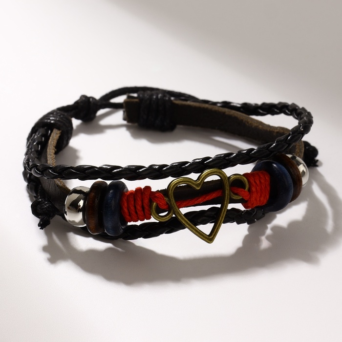 Браслет кожа &laquo;Стиль&raquo; сердце, цвет чёрно-красный, d=7 см