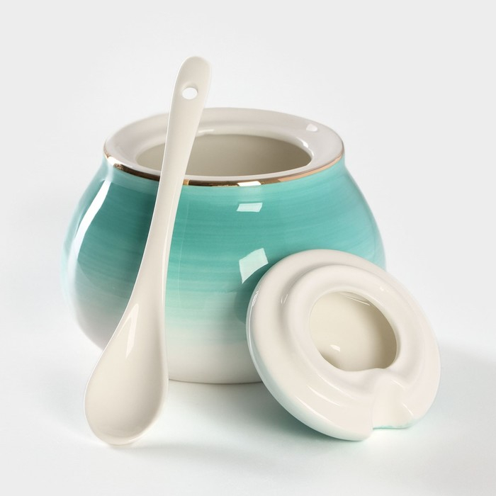 Сахарница фарфоровая с ложкой Доляна &laquo;Млечный путь&raquo;, 330 мл, цвет бирюзовый