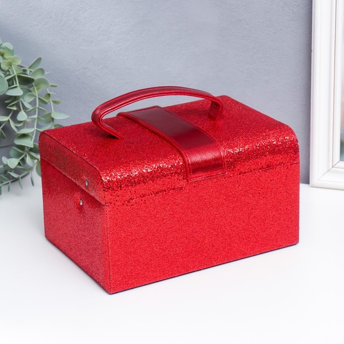 Шкатулка кожзам для украшений сундук с бантом "Мелкие квадратики. Красный" 13,5х16,5х23 см