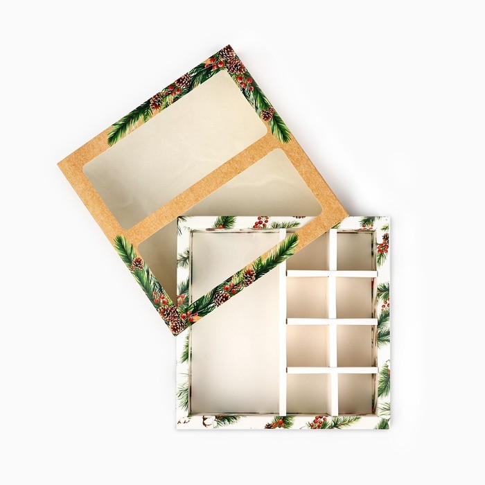 Коробка под 8 конфет и шоколад с ячейками «С Новым годом!», еловые веточки, 18 х 18 х 4 см, Новый год Коробка под 8 конфет и шоколад с ячейками «С Новым годом!», еловые веточки, 18 х 18 х 4 см, Новый год