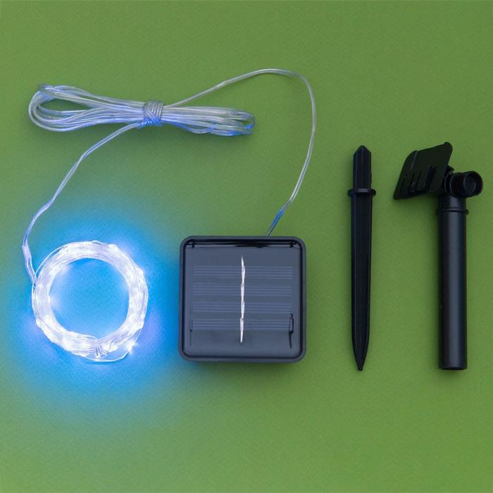Гирлянда «Нить» 10 м роса, серебристая нить, 100 LED, свечение синее, 2 режима, солнечная батарея Гирлянда «Нить» 10 м роса, серебристая нить, 100 LED, свечение синее, 2 режима, солнечная батарея