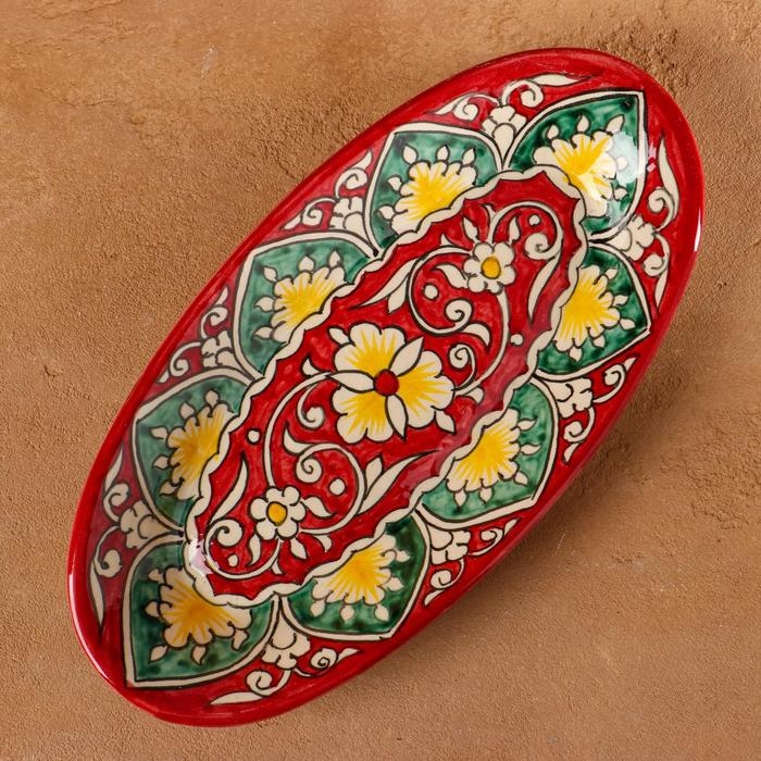 Селёдочница Риштанская Керамика Селёдочница Риштанская Керамика "Цветы", 24 см, красная, микс