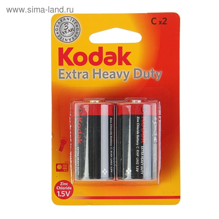 Батарейка солевая Kodak Extra Heavy Duty, C, R14-2BL, 1.5В, блистер, 2 шт.