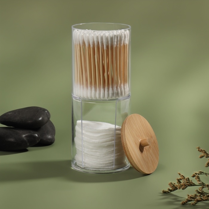 Органайзер для ватных палочек и дисков &laquo;BAMBOO&raquo;, с крышкой, 2 съёмные секции, 7 &times; 18,5 см, в картонной коробке, цвет прозрачный