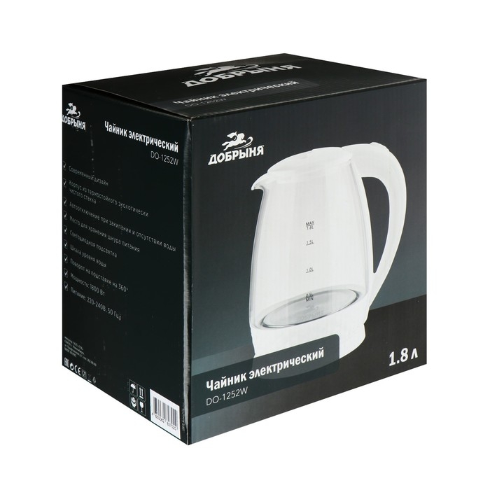 Чайник электрический Чайник электрический "Добрыня" DO-1252W, стекло, 1.8 л, 1800 Вт, белый