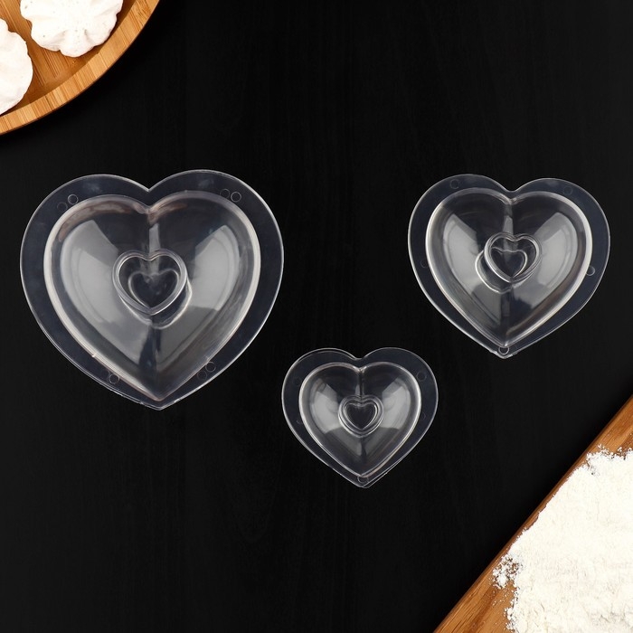 Набор молдов Доляна &laquo;Сердца&raquo;, 3 шт, 11,2&times;10,5&times;9,5 / 9&times;7,7&times;6,5 / 7&times;5,5&times;4,5 см, цвет прозрачный