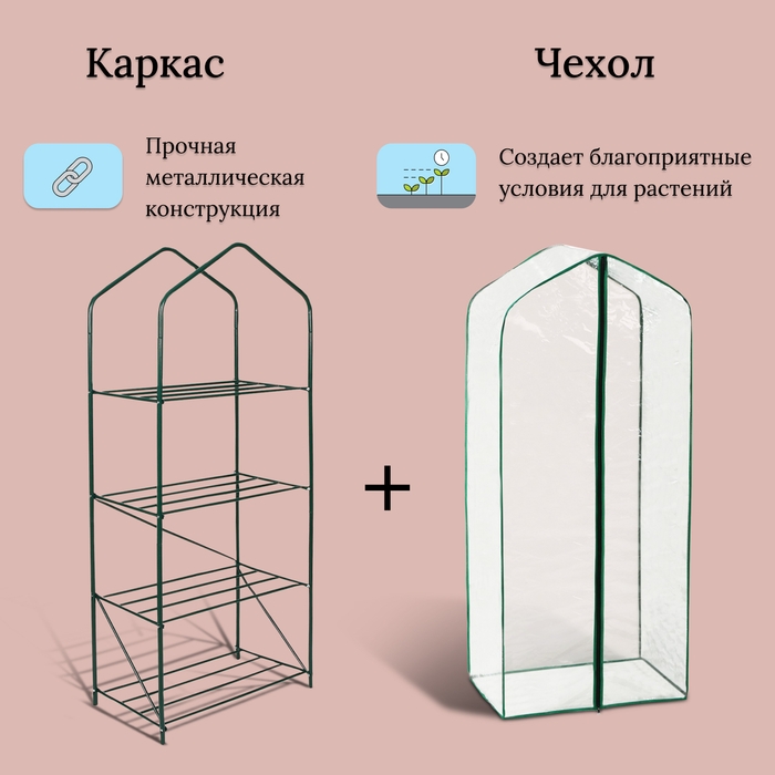 Парник-стеллаж, 4 полки, 160 × 65 × 40 см, металлический каркас d = 16 мм, чехол плёнка 100 мкм Парник-стеллаж, 4 полки, 160 × 65 × 40 см, металлический каркас d = 16 мм, чехол плёнка 100 мкм