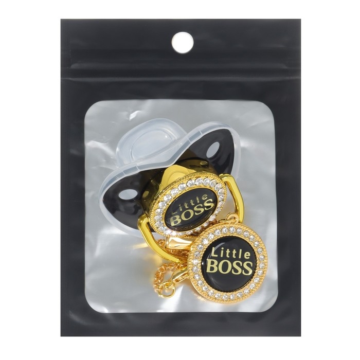 Соска - пустышка силиконовая ортодонтическая &laquo;Маленький БОСС&raquo;, от 6 мес., с колпачком + держатель - цепочка, цвет черный/золото, стразы