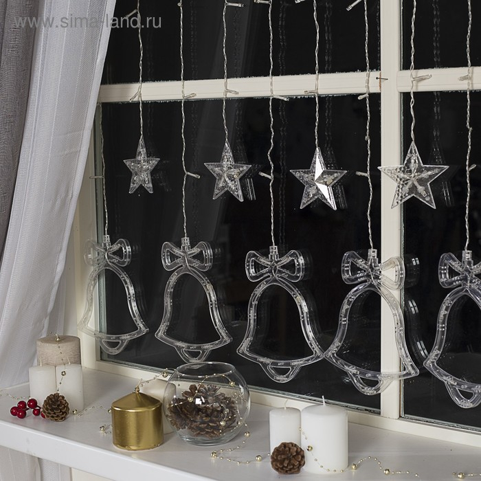 Гирлянда &laquo;Бахрома&raquo; 2.4 &times; 0.9 м с насадками &laquo;Колокольчики&raquo;, IP20, прозрачная нить, 138 LED, свечение тёплое белое, 8 режимов, 220 В