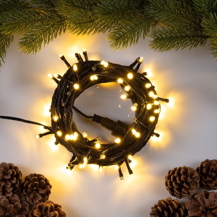 Гирлянда &laquo;Нить&raquo; 10 м, IP44, УМС, тёмная нить, 100 LED, свечение тёплое белое, мерцание всех светодиодов, 24 В