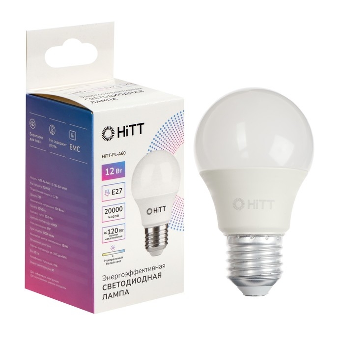 Лампа HiTT-PL, A60, 12 Вт, 230 В, E27, 4000 К Лампа HiTT-PL, A60, 12 Вт, 230 В, E27, 4000 К