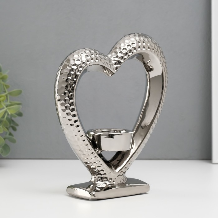 Подсвечник керамика на 1 свечу "Сердце на подставке" d=4 см серебро 17х5,5х19,5 см